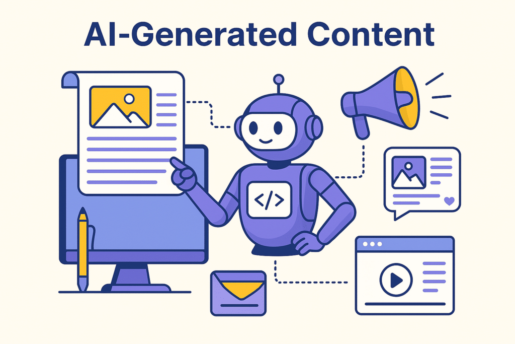Digital illustration depicting AI-generated content creation for blogs, social media, and email marketing automation.
