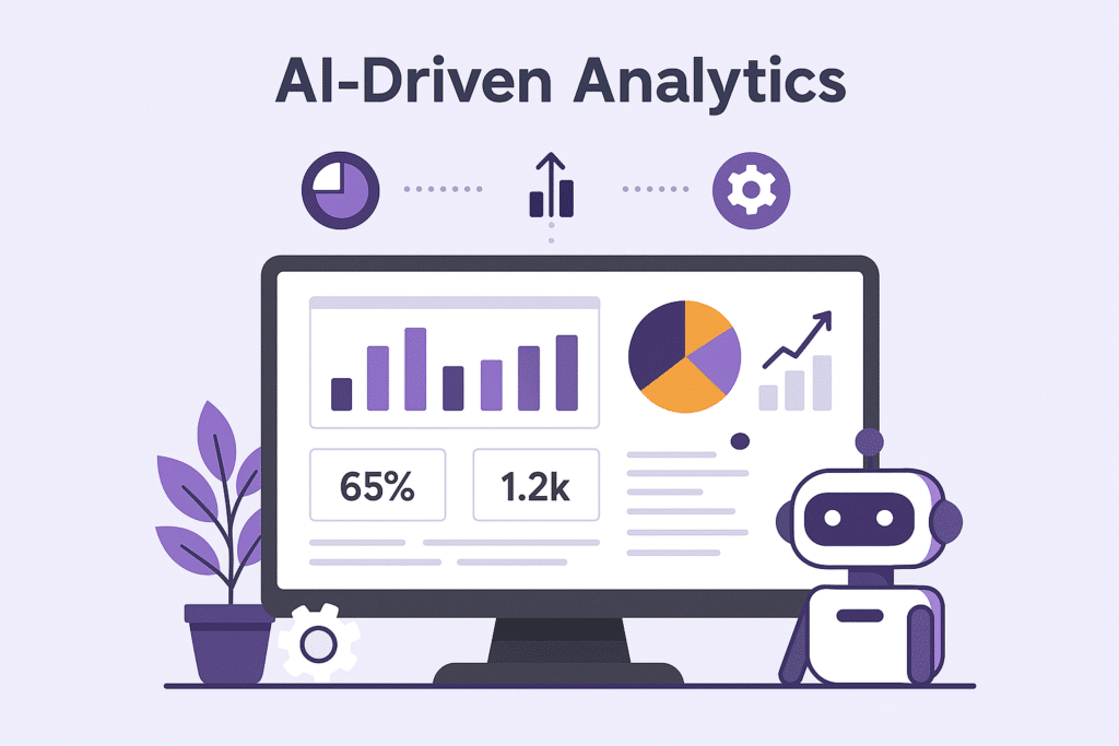 Illustration of an AI-powered analytics dashboard showing engagement metrics, conversion rates, and content performance insights.