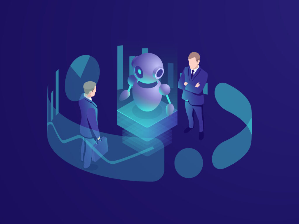 A human interacting with a futuristic AI chatbot in a business setting